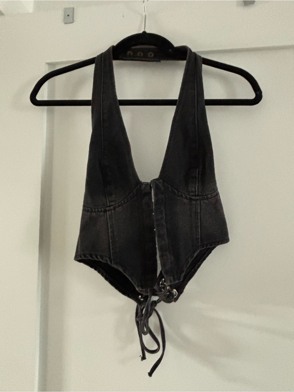Edikted Black Denim Lace-Up Halter Crop Top
